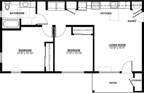 Floor plan for 2 beds, 1 bath, 861 sqft